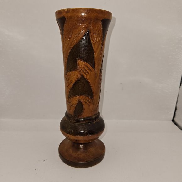 Vintage Hand Carved Wooden Vase Bohemian Mid-century Modern 8" Two-tone - Picture 3 of 16